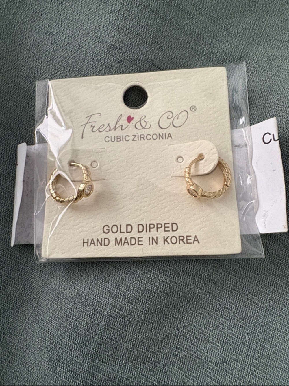 Gold-Dipped Textured Hoop Earrings with Cubic Zirconia Accent